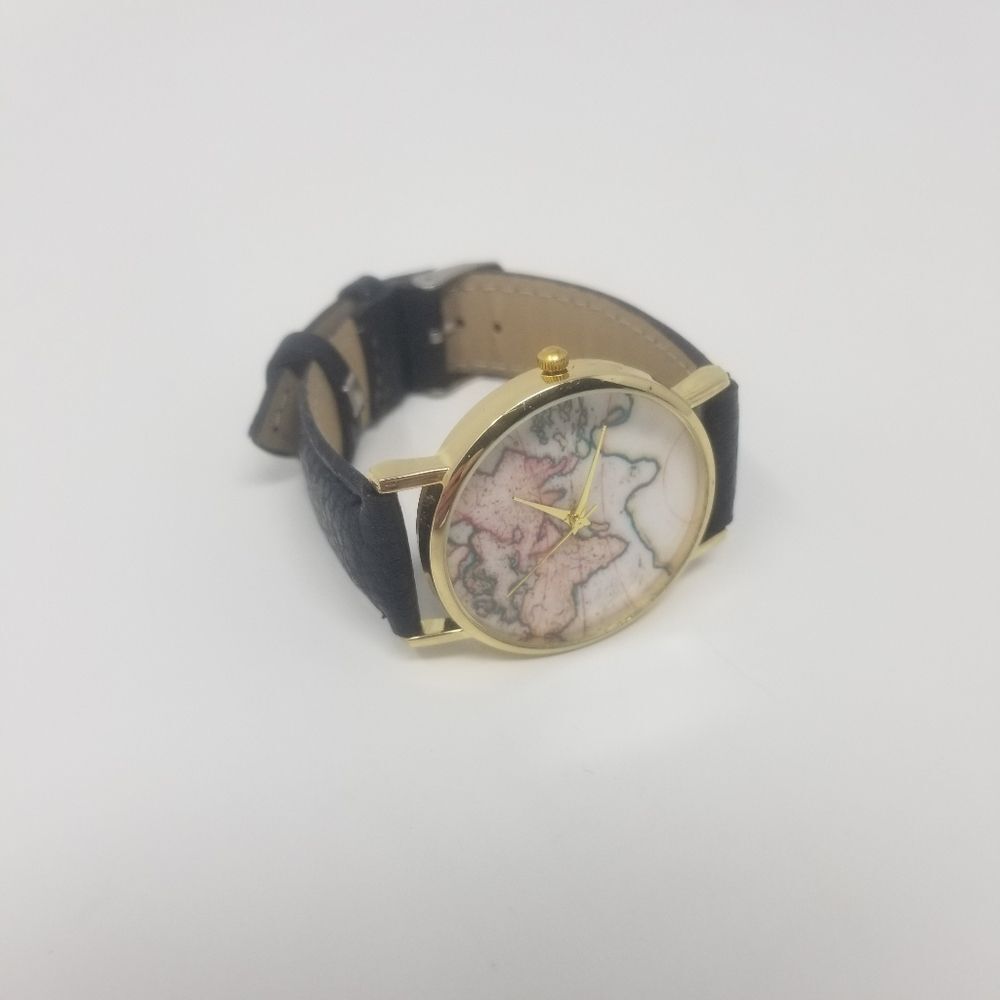 World Map Fashionable Vintage Inspired Gold Bezel Black Faux Leather Wristwatch